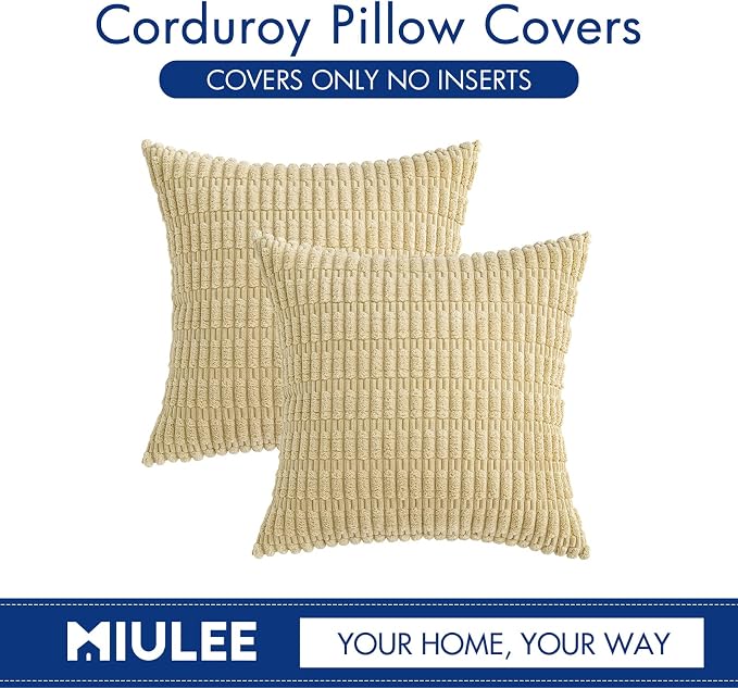 MIULEE Corduroy Decorative Throw Pillow Covers 18x18 Beige Pack of 2 | Soft Boho Striped Pillow Covers Modern Farmhouse Home Decor For Sofa Living Room Couch Bed