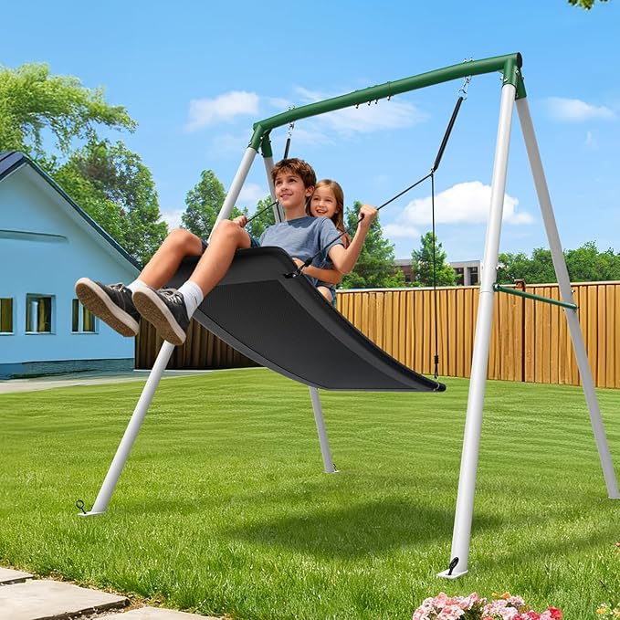 Trekassy Swing Sets for Backyard, 440lbs Heavy Duty A-Frame Metal Stand with 60" Large Platform Swing for Outdoor Playground Park（Green/White Frame + Black Swing）(Patented)