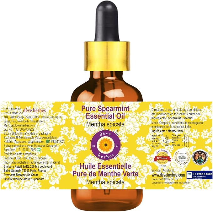 Deve Herbes Pure Spearmint Essential Oil (Mentha spicata) with Glass Dropper Steam Distilled 5ml (0.16 oz)
