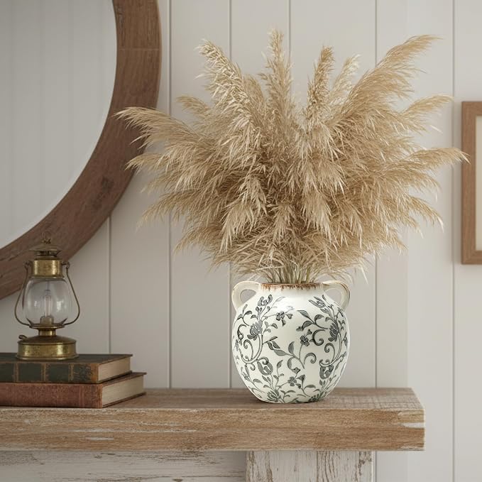 Gray Vintage Antique Vase, 5.6 Inch All Seasons Chinoiserie Floral Vase, Rustic Ceramic Vase for Home Decor, Living Room, Bookshelf, Office, Entryway, Garden, Chinoiserie Decor, Tuscan Decor