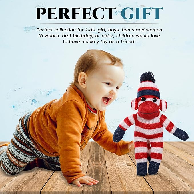 Plushland Adorable Sock Monkey, The Original Traditional Hand Knitted Stuffed Animal Toy Gift-for Kids, Babies, Teens, Girls and Boys Baby Doll Present Puppet (16'' red)