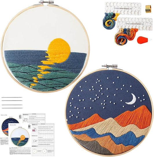 Armindou Hand Embroidery DIY Kits for Beginners Adults, Sea Sunrise Embroidery Set Needlepoint Kits, Stamped Cross Stitch Kits for Beginners Adults, 2 Embroidery Hoops, Fabric(Attached Video Tutorial)