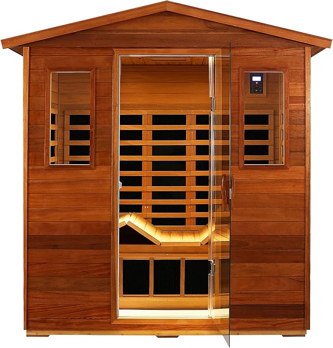 Full Spectrum Sauna, 0-5mG Ultra Low EMF Infrared Sauna 3 Person Outdoor Sauna 1950W 20Amps Far Infrared Sauna Mahogany Wooden Sauna with Red Light Therapy, Reclining Seats