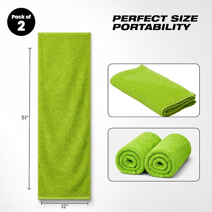 Sports Towel - Double Pack (2 Pieces), 12"x51", Lime Green, 100% Cotton - Oeko-Tex Certified, Very Absorbent and Quick-Drying, for Fitness, Gym and Yoga