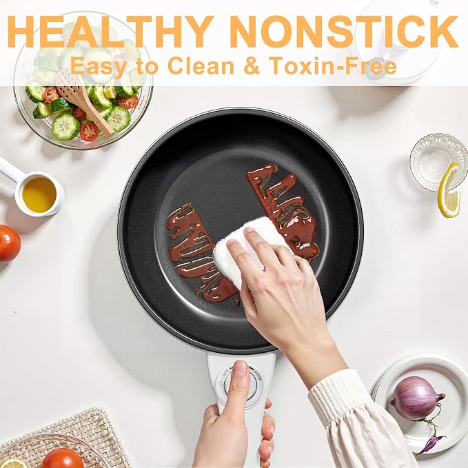 Dezin Electric Pot with Steamer, 1.5L Non-Stick Portable Hot Pot Electric | Dual Power, Upgraded 700W Electric Pot for Cooking Steak, Egg, Soup, Ramen Cooker for Dorm, Travel, RV, Office, Beige Pan