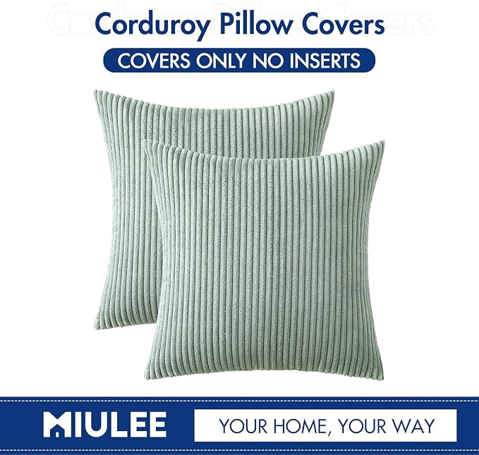 MIULEE Soft Corduroy Throw Pillow Covers Set of 2 20x20 Greyish Green | Decorative Striped Textured Cushion Cases, Boho Natural Greenery Pillowcases, Home Decor for Couch Chair Sofa Living Room