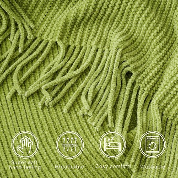 BATTILO HOME Apple Green Throw Blanket for Couch, 60"x80" | Soft Knit Chenille Throw Blanket with Tassels for Home Decor, Spring Green Throws for Couch Cover