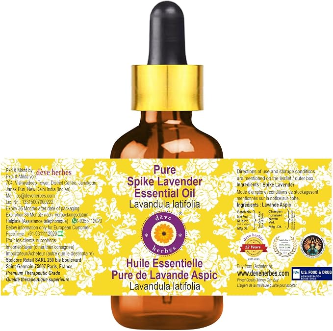 Deve Herbes Pure Spike Lavender Essential Oil (Lavandula latifolia) with Glass Dropper Steam Distilled 10ml (0.33 oz)
