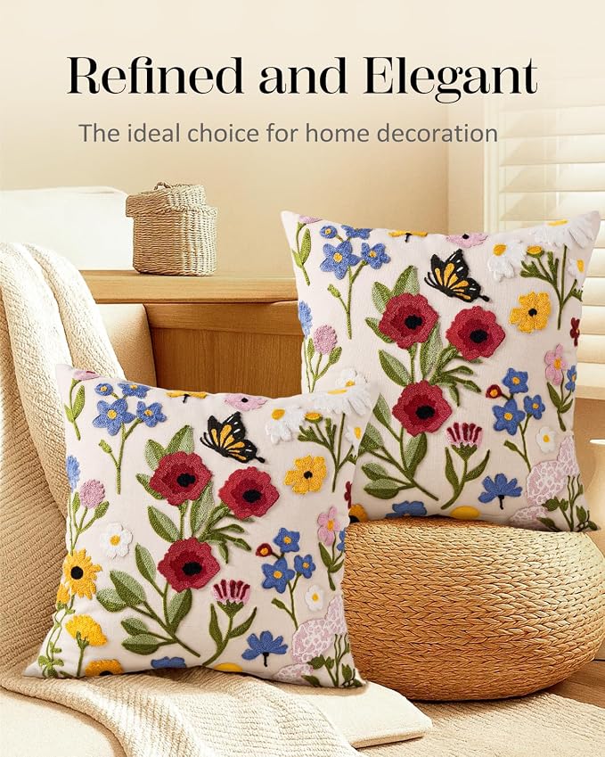 Embroidered Throw Pillow Covers 18x18 Inch, 2Pack, Retro Flower | Decorative Pillow Covers Set of 2, Vintage Boho Cushion Cases with Hidden Zipper, Floral Decor for Couch, Sofa, Living Room