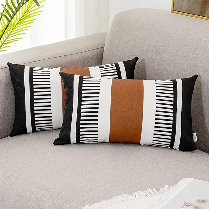 2 Pack 12x20 Lumbar Throw Pillow Covers, Faux Leather & Cotton Canvas with Black Stripes, Rectangular Decorative Pillow Case for Living Room, Sofa, Couch, Bedroom, Modern Farmhouse Home Decor