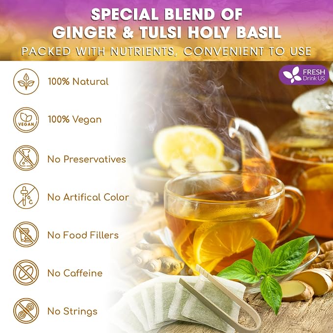 FreshDrinkUS, Premium 75 Ginger Tulsi Tea Bags, 100% Natural, Hand-made Blend of Ginger and Tulsi Holy Basil Leaves, Eco-conscious Tea Bags. Herbal Tea. No Sugar, No Caffeine, Vegan.