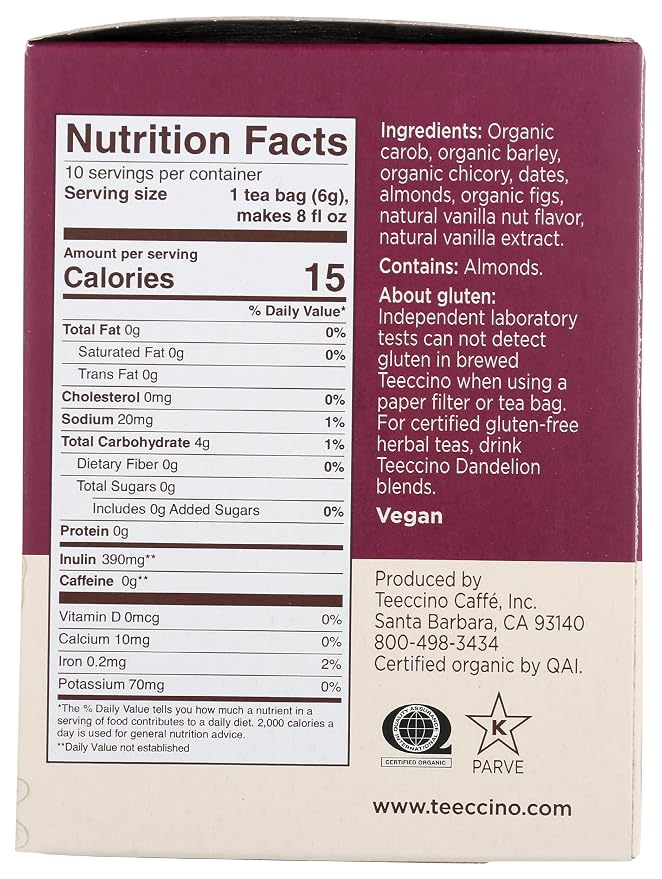 Teeccino Vanilla Nut Herbal Tea - Rich & Roasted Herbal Tea That’s Caffeine Free & Prebiotic For Natural Energy, 10 Tea Bags