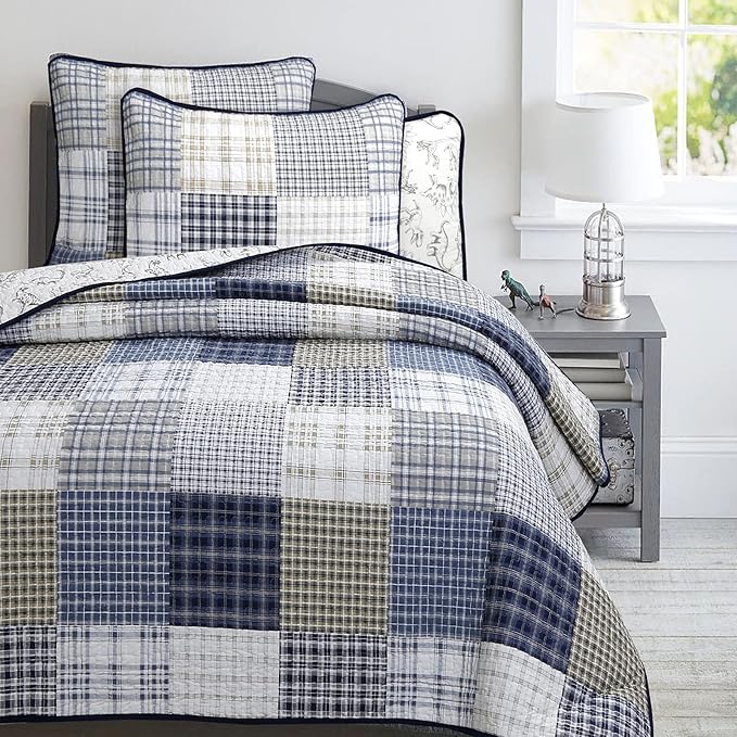 Cozy Line Home Fashions Benjamin Cute Dinosaur Plaid Navy Blue White Grey Bedding Quilt Set 100% Cotton Reversible Coverlet Bedspread Set for Kids Boy(Twin - 2 Piece)