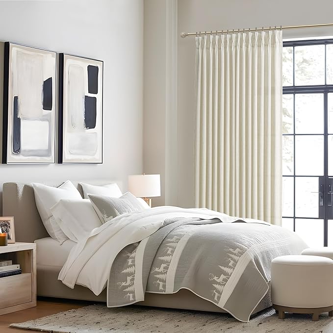 PleatedDrapes 86 Inch Cream Beige Thick Natural Linen Curtains for Bedroom 2 Panels Set, Memory Shape Pleated Light Filtering Privacy Semi Sheer Drapes 84-86 Inches Length Elegant Windows Curtain Burg