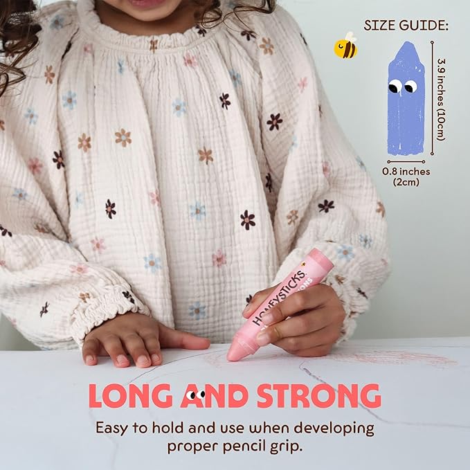 Honeysticks Super Jumbo Crayons (12 Pack) - 100% Pure Beeswax, Non Toxic Crayons for Toddlers 1-3, Extra Large Crayon Size, Easy to Hold and Use, Unbreakable Toddler Crayon, Eco-Friendly