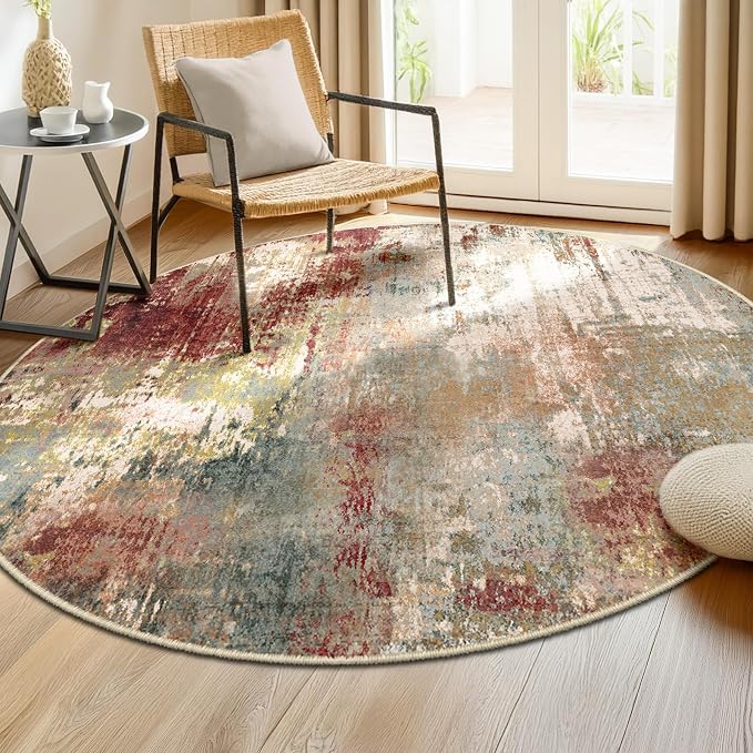 RELEANY Washable Area Rugs 8ft Non-Slip Modern Abstract Soft for Living Room Entryway Bedroom Kitchen, Print Pattern, Brown Rust Red Green Blue Multi