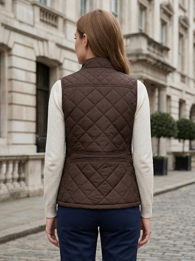 Fuinloth Women's Quilted Vest Lightweight Puffer Stand Collar Zip Gilet | 4 pockets with 2 inner storage. Quilted padded warm gilet. Fall winter outerwear layering vest for travel hiking daily wear.
