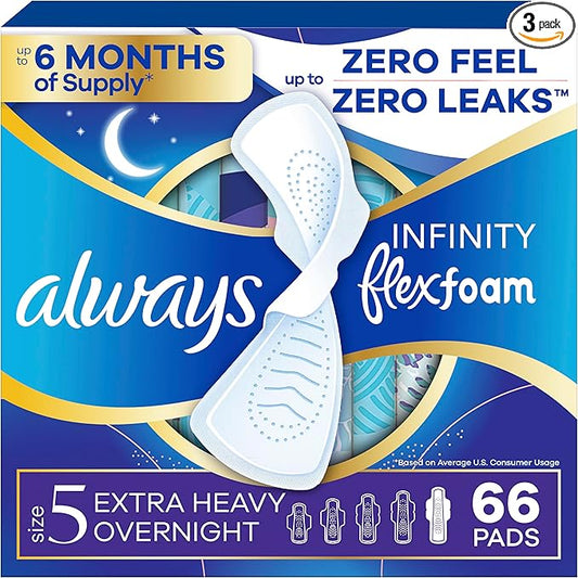 Always Infinity Feminine Pads for Women, Flexfoam Pads with Wings, Size 5, Extra Heavy Overnight Absorbency, Unscented, 66 Count (3 Packs of 22)