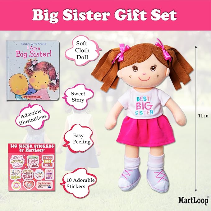 MartLoop Best Big Sister Doll Bundle - Includes Doll, Book, and Stickers – Perfect Sibling Gift from Baby or Toddler, 3 Piece Bundle