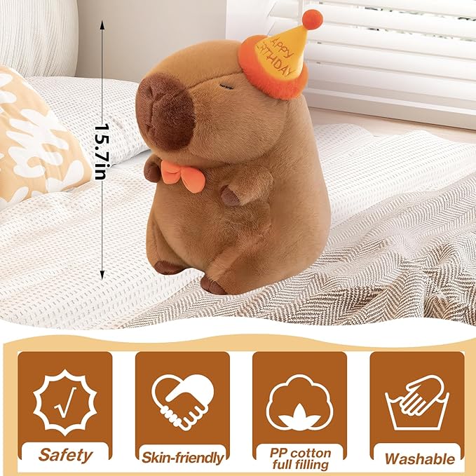 Capybara Plush - 15.7Inch Cute Capybara Stuffed Animal Toy with Birthday Cap- Adorable Soft Capibara Pillow Toy Plushies - Perfect Capybara Present for Girls and Boys