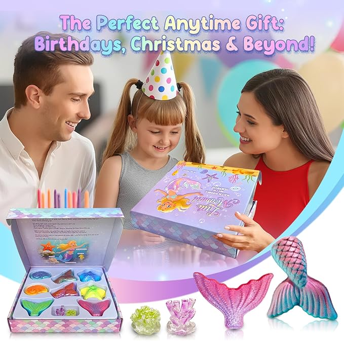 Skin-Safe Mermaid Bath Bombs for Kids with Surprise Toys Inside, 9 Extra Large Bath Salts with Calming and Long-Lasting Scent, Natural Bubble Bath Bombs for Girls Sensitive Skin