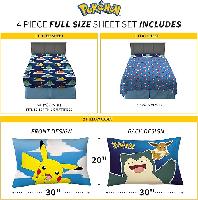 Pokémon Kids Bedding Super Soft Microfiber Sheet Set, Full, (Officially Licensed Product) by Franco