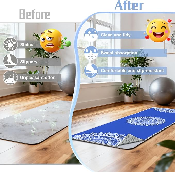 Yoga Towel,Absorbent Yoga Mat Towel for Hot Yoga Non Slip,Stylish Prints,Ideal for Workouts,Hot Yoga,Bikram,Pilates Equipment,72 x 27 in,Blue Mandala