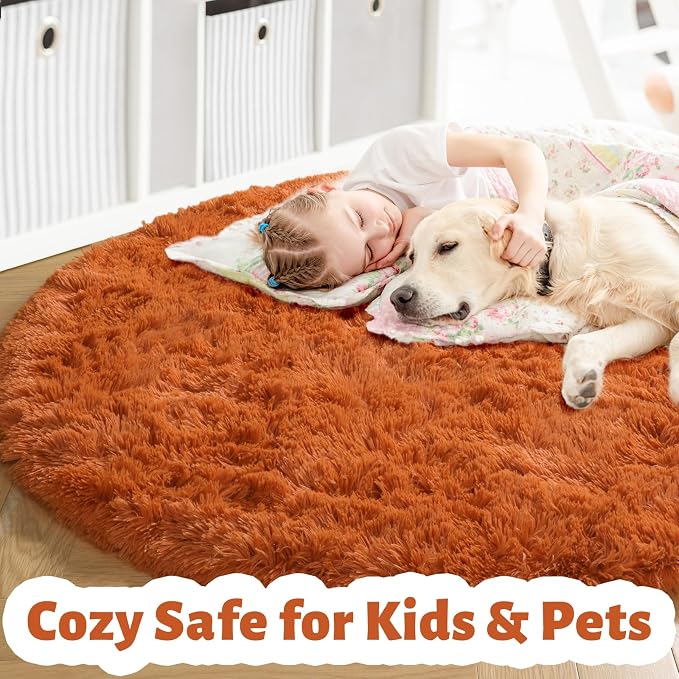 Amdrebio Burnt Orange Large Round Rugs 7Ft for Living Room Bedroom, Shaggy Plush Fuzzy Furry Circle Area Rugs for Kids Room Decor Aesthetic, Fluffy Shag Dark Orange Carpet for Nursery Dorm Classroom