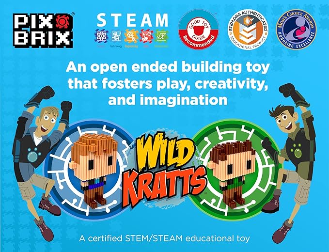 Pix Brix - Wild Kratts Toy Pixel Art Kit - Kratt Brothers Figures, 329 Pieces - Patented Slide + Stack Pixel Puzzle Building Bricks, Create Martin & Chris Figures - Stem Toys, Ages 6 Plus
