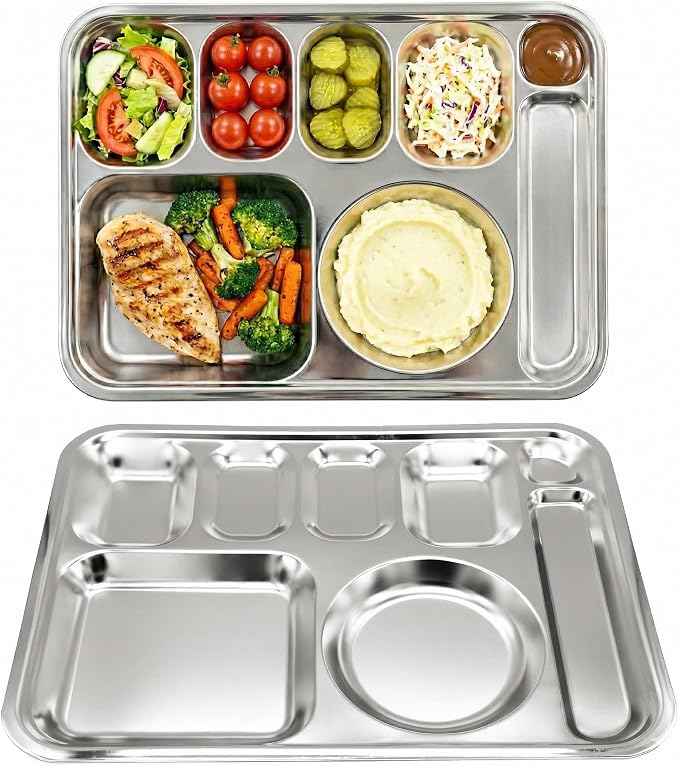 Korean Stainless Steel XL Divided Plates with Cutlery Slot for Adults 2Pack | Extra large BPA-free 8-compartment tray for camping Premium 304 electro-polished stainless steel with no black residue