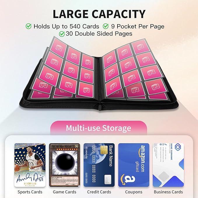 Trading Card Binder, Premium 9 Pocket 540 Double Sided Pocket Collection Binder, Card Album for TCG Card Holder for Game Card, Sports Card, Yugioh, MTG etc(Pink)