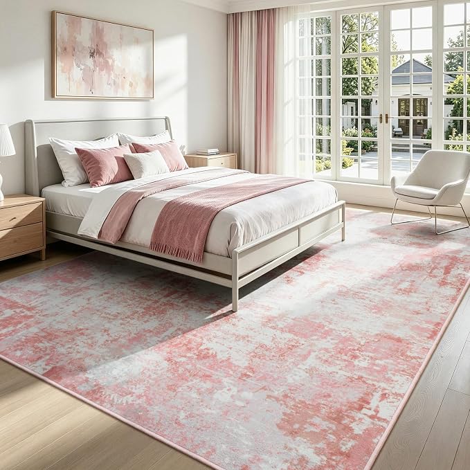 Rugflix 5x7 Area Rugs for Living Room, Washable Pink White Large Rug | Machine Washable; Stain-Resistant; Low Pile; Non-Slip; Modern Abstract; Carpet for Bedroom Dining Office Nursery Home