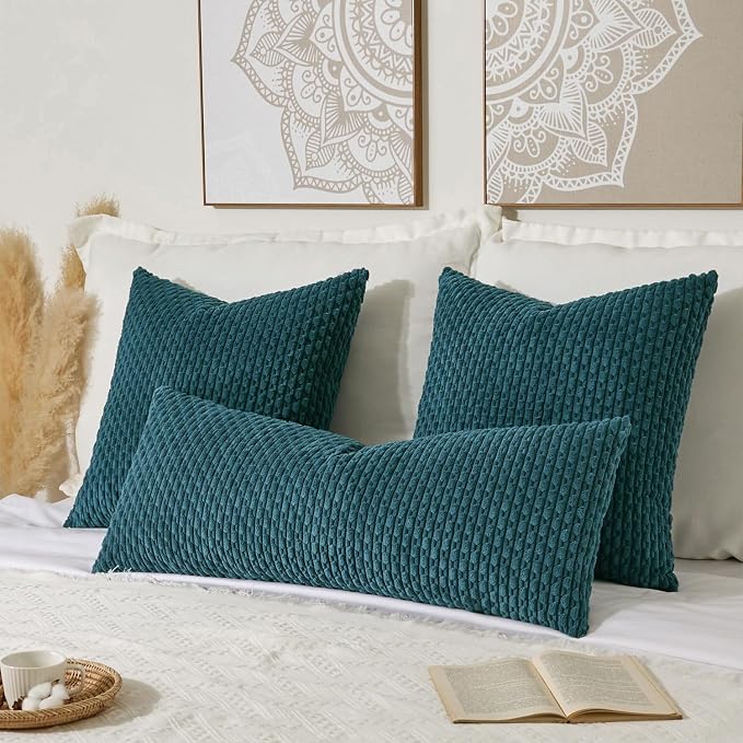 Kevin Textile Soft Corduroy 14"x36" Lumbar Pillow Cover 1 Pack, Teal Blue | Boho Stripe Plush Corduroy Decorative Oblong Cushion Cover Modern Farmhouse Home Decor for Sofa Couch Bed Chair