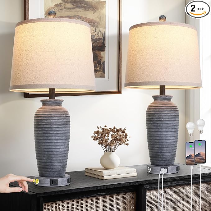 CINSARY 25" Retro Distressed Black Farmhouse Jar Table Lamps Set of 2, 3 Way Touch Control Rustic Bedside Lamps with USB A+C Ports & AC Outlet, Pot Nightstand Lamps for Bedroom Living Room