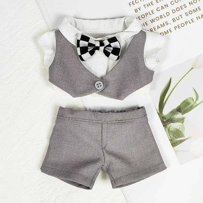 Doll Clothes – Wedding Chic Vest Suit for 17cm LBB, Featuring a Grey Waistcoat, White Shirt, Trousers, and an Elegant Bow Tie – Doll Not Included