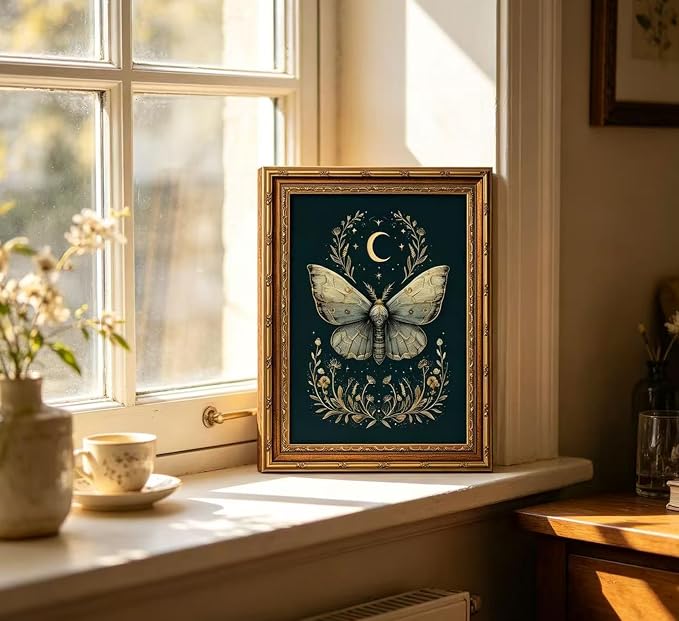 Vintage Gold Framed Celestial Moth Crescent Moon Wall Art Gothic Moody Ethereal Butterfly Picture Wall Decor Dark Botanical Insect Picture Canvas Print Mystical Witchy Poster Artwork for Living Room
