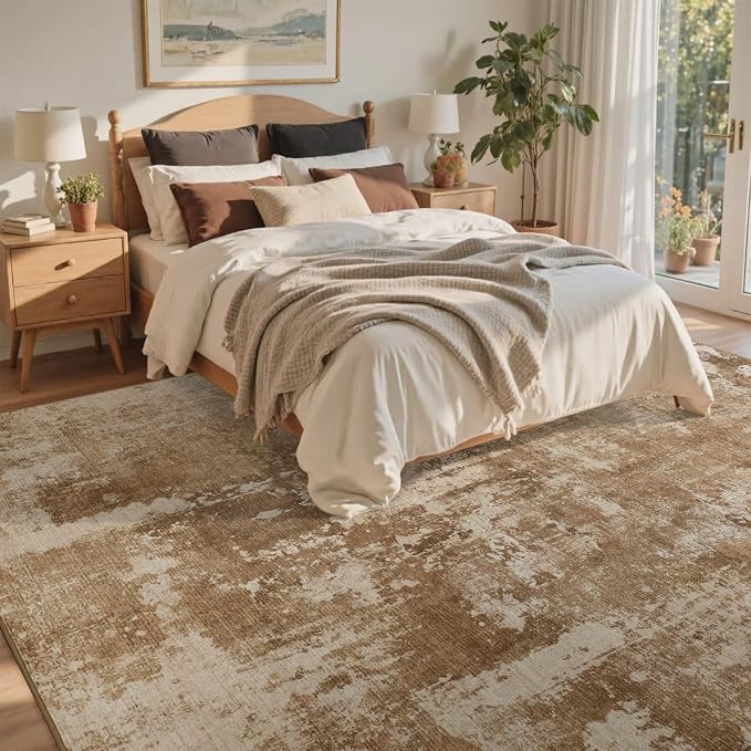 5x7 Ft Area Rugs for Living Room, Soft Non-Slip Washable Rugs Modern Abstract Pattern Carpet for Bedroom Indoor Floor Nursery Home Decor (Brown)