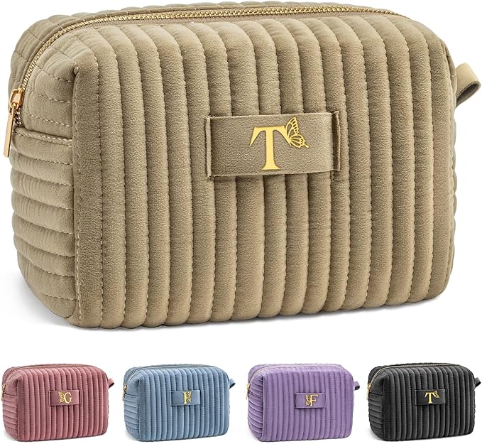 COSHAYSOO Sister Birthday Gifts for Women Best Friend Bestie Friendship Fashion Makeup Bag Make Up Cosmetic Pouch Travel Size Toiletries Skin Care Essentials Organizer Velvet Initial Letter T