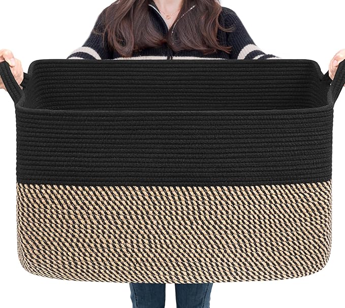 Goodpick 75L Extra Large Woven Blanket Basket, 22" x 17" x 12", Black Jute | Decorative Storage Basket for Blankets, Pillows & Toys, Living Room & Bedroom Organization, Nursery & Home Decor, Rectangle