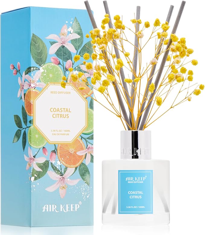 Airkeep Reed Diffuser Set,3.38 fl oz (100 ml) - Coastal Citrus Oil Diffusers with 8 Reed Sticks, Home Fragrance Reed Diffuser for Bathroom Shelf Decor