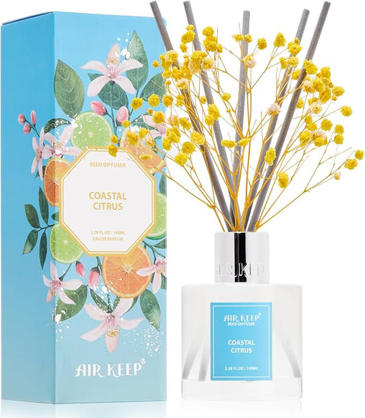 Airkeep Reed Diffuser Set,3.38 fl oz (100 ml) - Coastal Citrus Oil Diffusers with 8 Reed Sticks, Home Fragrance Reed Diffuser for Bathroom Shelf Decor