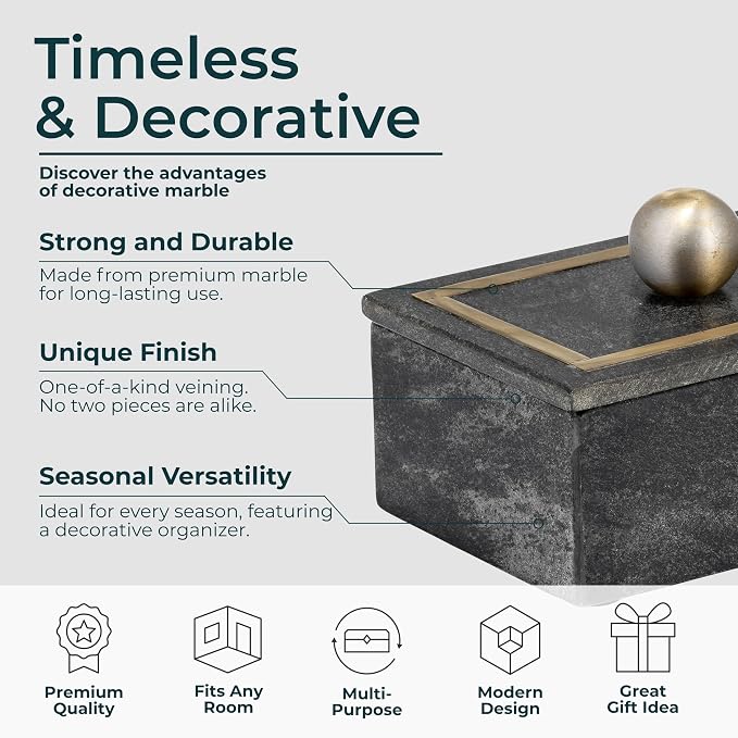Decorative Rectangular Box with Knob – Marble & Metal Modern Decorative Box for Home Decor – Jewelry, Keepsakes, Accent Table Storage for Living Room, Bedroom, Office – 5", Black