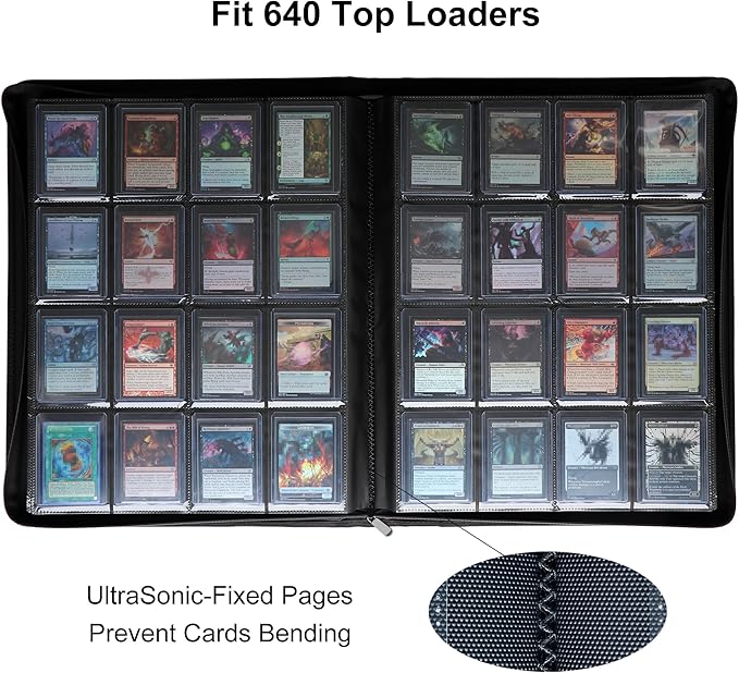 GrinOwl 16 Pocket Top loader Binder, Holds 640 Top Loaders, Large Top loader Card Binder with Sleeves for Cards in 3" x 4" Top loaders (Green)