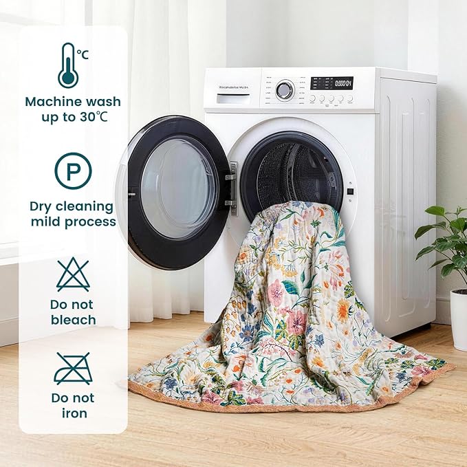 MSGKV Boho Throw Blanket 60"x80" Cotton Floral Blanket for Couch Bed Decor | 100% Cotton Throw, Colorful Floral, Reversible Blanket, Breathable Lightweight, Road Trip Blanket, Machine Washable