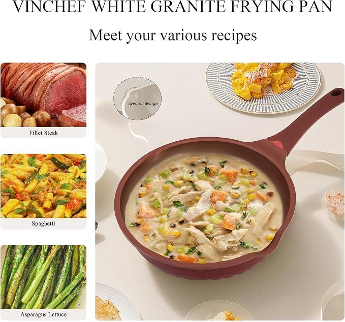 Vinchef 12" Terracotta Nonstick Ceramic Red Frying Pan, 5.5Qt | Red/terracotta German 3C+ toxin-free ceramic PFOA-free. Induction/gas compatible. Heat indicator handle. Lightweight die-cast