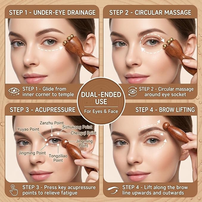 Wood Therapy Massage Tools, Facial Massage Tool with Copper Gua Sha, Eye Massager Tool for Acupressure, Wooden Facial Massage Set, Manual Massage Tools for Face and Head Relief, 2-Piece Massage Kit