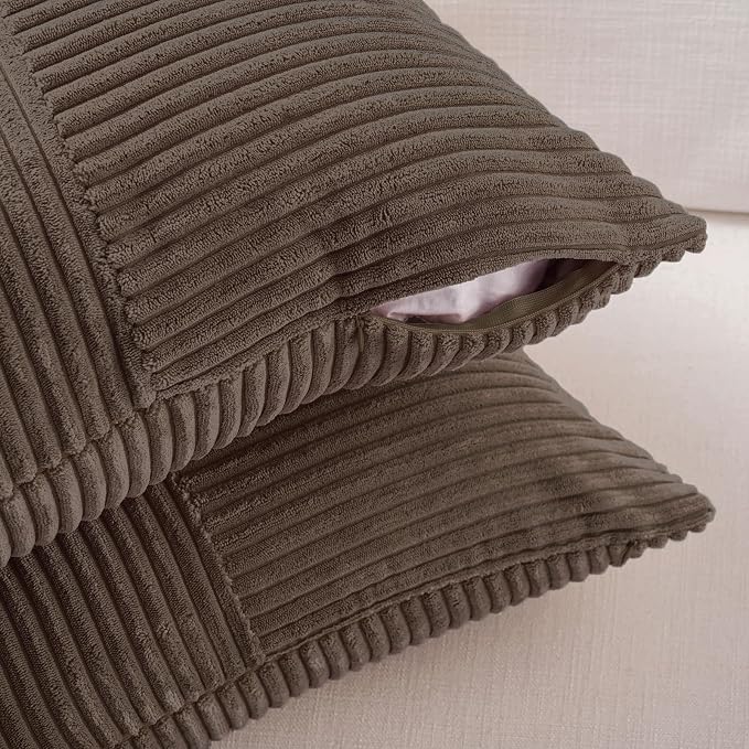 Fancy Homi 2 Packs Dark Brown Lumbar Decorative Throw Pillow Covers 14x24 Inch for Couch Bed, Rustic Farmhouse Boho Home Decor, Soft Striped Corduroy Rectangle Accent Cushion Case 35x60 cm