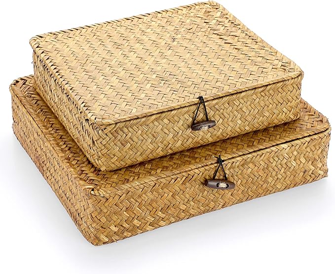 Hipiwe Set of 2 Flat Woven Wicker Storage Bins with Lid Seagrass Basket Box | Natural Handwoven Basket Multipurpose Home Organizer Bins Boxes for Shelf Organizer, Caramel