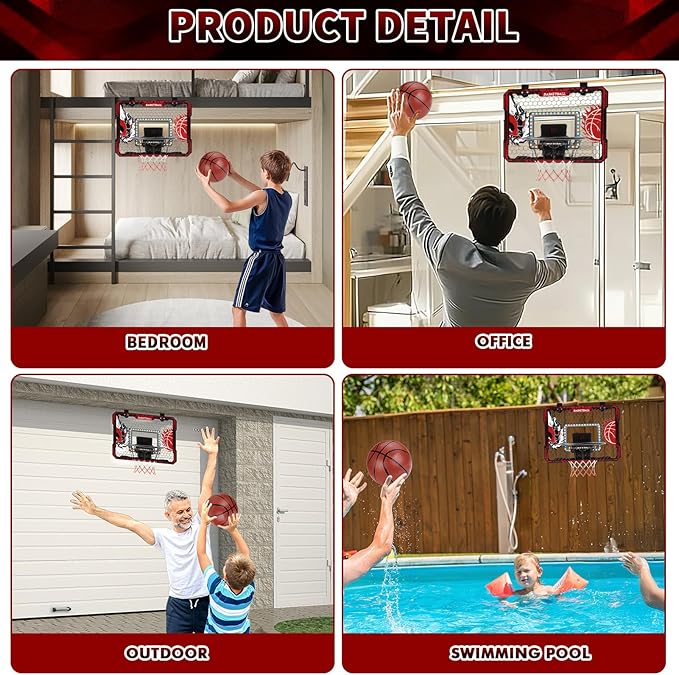 Over The Door Basketball Hoop, 2025 Upgrade Indoor Basketball Hoop with LED Lights and Scoreboard, Includes 3 Balls & Pump, Toys Gifts for3 4 5 6 7 8 9 10 11 12 Year Old Boys - Mini Basketball Hoop