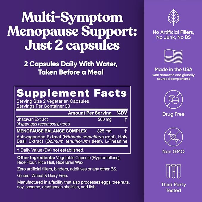 Premium Menopause Supplement for Women - Menopause Balance with Shatavari, Ashwagandha, L-Theanine & Holy Basil - Holistic Multi-Symptom Menopause Support & Hot Flash Relief - 60 Vegetarian Capsules